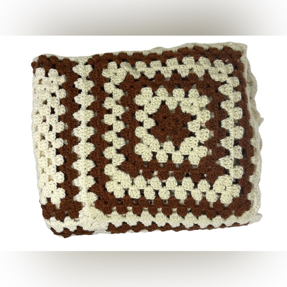 Vintage Afghan Crochet Blanket Ivory Brown with Orange Flowers 70s Retro Boho - Picture 1 of 5